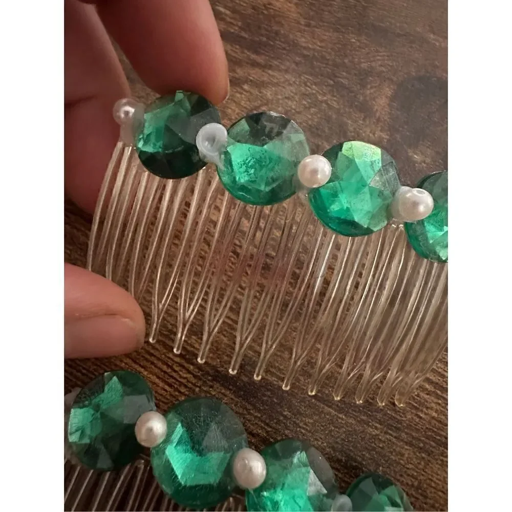 Vintage 1980s Rhinestone and Faux Pearl Clear and Green Side Hair Combs Retro